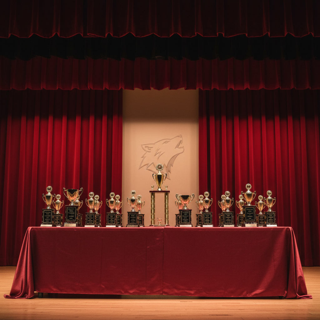 A high school auditorium stage set for an awards night, captured without any people present. A row of gleaming, generic, textless trophies and plaques with metallic finishes sits centered on a dark, satin-draped table, their surfaces reflecting the warm spotlight from above. Behind them, heavy maroon stage curtains fall in deep, velvety folds, with a faint outline of the school’s coyote mascot emblem subtly embossed on a backdrop panel. Photographic realism with warm, directional stage lighting that creates dramatic highlights and soft shadows. Shot from a slightly low angle, focusing tightly on the front row of trophies while the curtains blur gently into the background. The mood is ceremonial, aspirational, and professional, evoking the pride of West Creek High School events without showing any attendees.