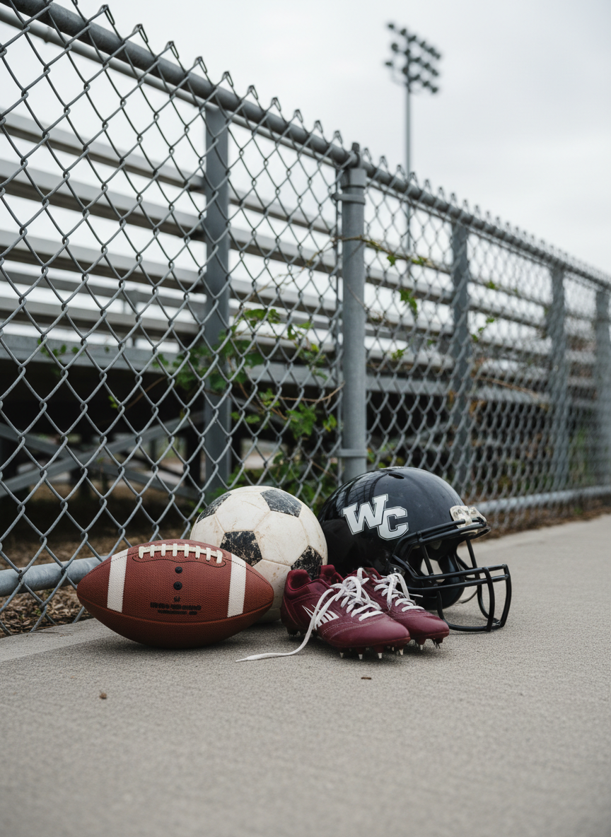 A quiet corner of a high school stadium concourse, featuring a lineup of neatly arranged sports equipment on a clean concrete surface: a well-worn football with visible laces, a scuffed soccer ball, a pair of maroon track spikes, and a glossy black batting helmet. Behind them, a chain-link fence reveals an out-of-focus view of the stadium lights and empty bleachers. Soft overcast daylight creates even, diffused illumination, reducing harsh shadows and giving the scene a documentary, professional feel. Photographed at eye level with a moderate depth of field that keeps the equipment crisp while subtly blurring the background, the composition uses the rule of thirds to balance the objects. The overall mood is organized, dedicated, and reflective of the diverse athletic programs at West Creek High School.