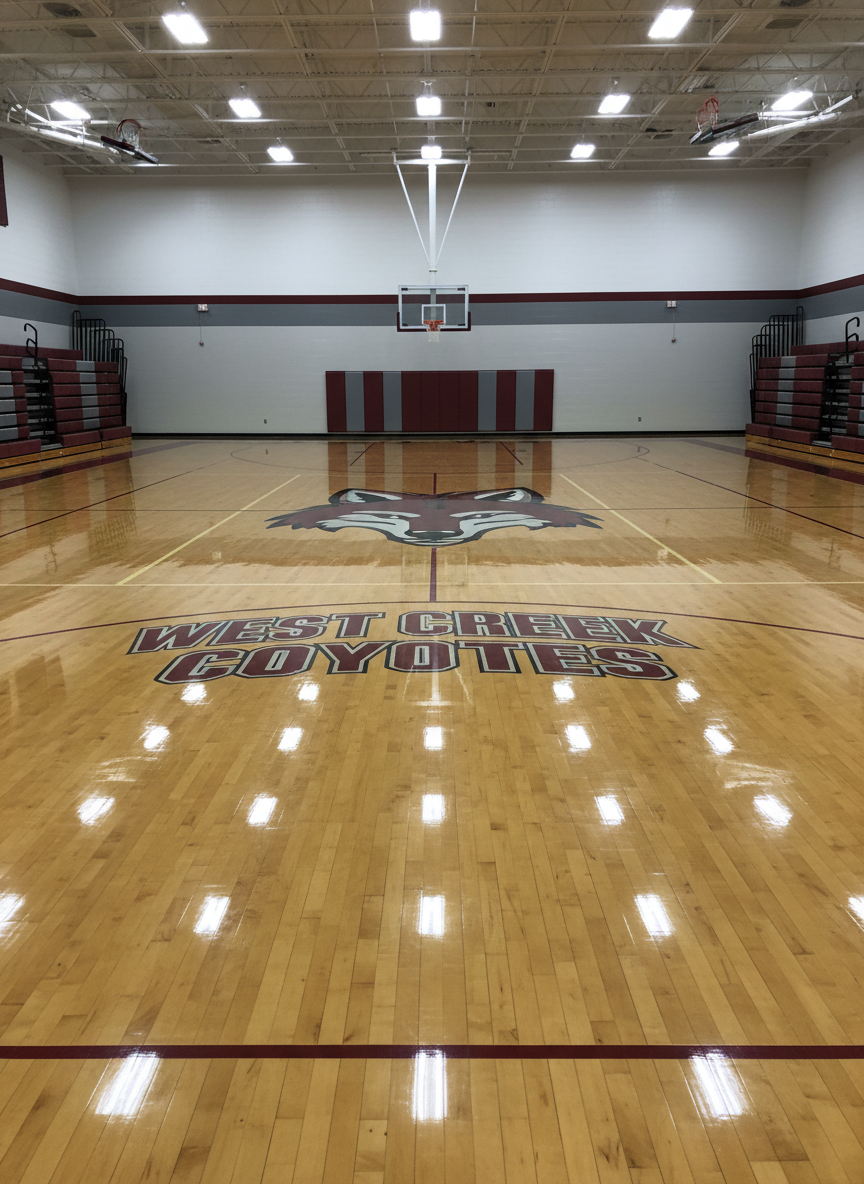 A polished hardwood high school gymnasium floor, dominated by a large, stylized coyote mascot painted at center court, its lines sharp and colors rich in maroon, silver, and black. The glossy surface reflects overhead fluorescent lights and the faint outline of a basketball hoop and backboard in the distance. Maroon and gray padded walls encircle the court, with neatly stacked, empty bleachers pushed back on one side. Photographed from a slightly elevated angle near midcourt, with a deep depth of field capturing the entire playing surface. The lighting is bright and even, creating a clean, professional atmosphere that highlights the athletic identity of West Creek High School without showing any players or spectators.
